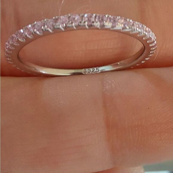 Platinum Plated 925 Sterling Silver Pink Wedding Band Ring - Picture 6 of 6